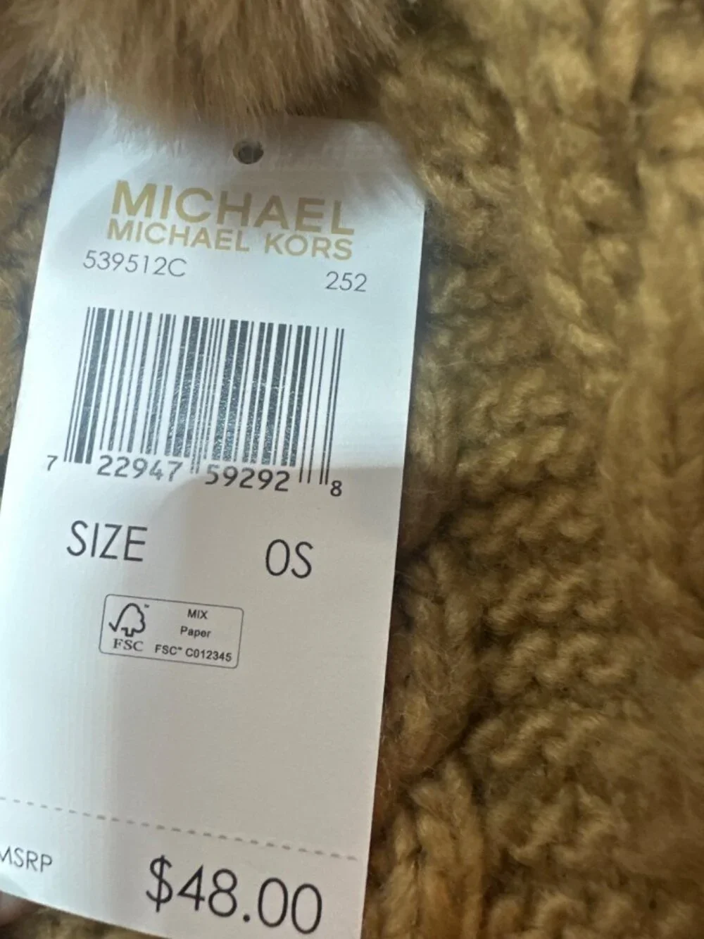 Women Michael Kors Cable Knit Beanie Faux Fur Pom Pom Hat Camel Tan NWT OS